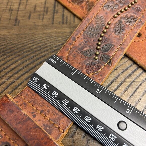 Express Brown Genuine Leather Floral Embossed Wide Studded Belt Women Size L main image 6
